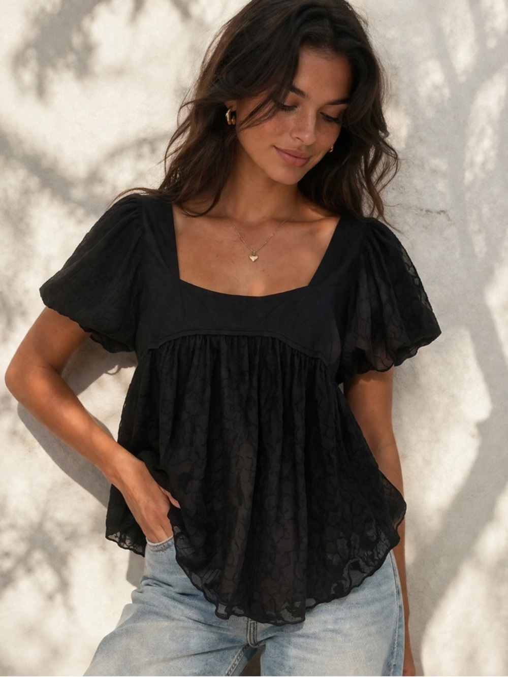 Free People Black Babydoll Blouse S Puff Sleeve Square Neck Boho Lace Top Flowy
